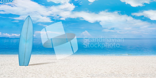 Image of Summer concept flyer. Surfing board with beach, sand and ocean or sea on background