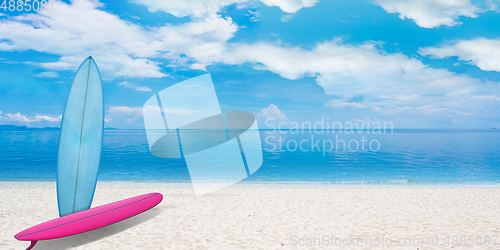 Image of Summer concept flyer. Surfing boards with beach, sand and ocean or sea on background