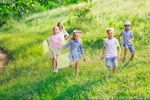 Image of Kids, children running on meadow in summer\'s sunlight