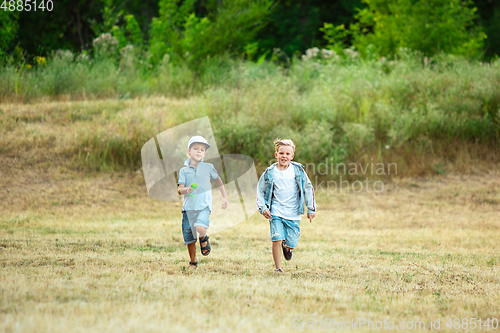 Image of Kids, children running on meadow in summer\'s sunlight