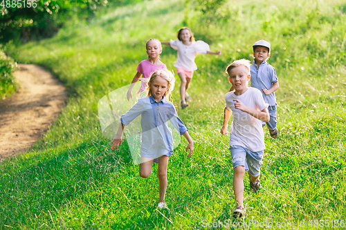 Image of Kids, children running on meadow in summer\'s sunlight