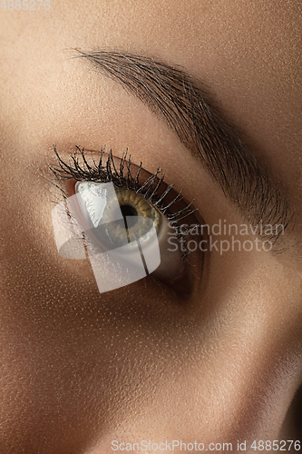 Image of Close up of face of beautiful caucasian young woman, focus on eyes. Human emotions, facial expression, cosmetology, body and skin care concept.