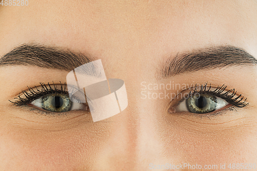 Image of Close up of face of beautiful caucasian young woman, focus on eyes. Human emotions, facial expression, cosmetology, body and skin care concept.
