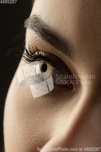 Image of Close up of face of beautiful caucasian young woman, focus on eyes. Human emotions, facial expression, cosmetology, body and skin care concept.