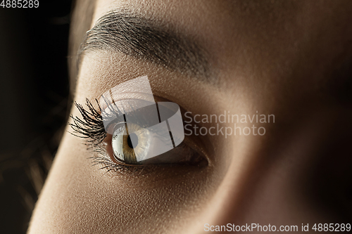 Image of Close up of face of beautiful caucasian young woman, focus on eyes. Human emotions, facial expression, cosmetology, body and skin care concept.