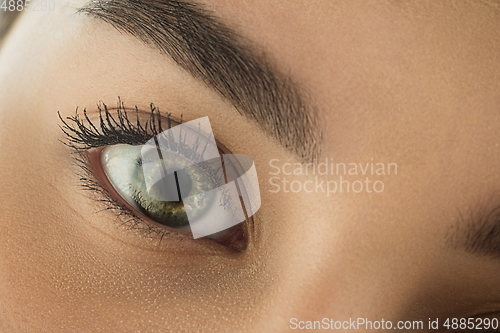 Image of Close up of face of beautiful caucasian young woman, focus on eyes. Human emotions, facial expression, cosmetology, body and skin care concept.