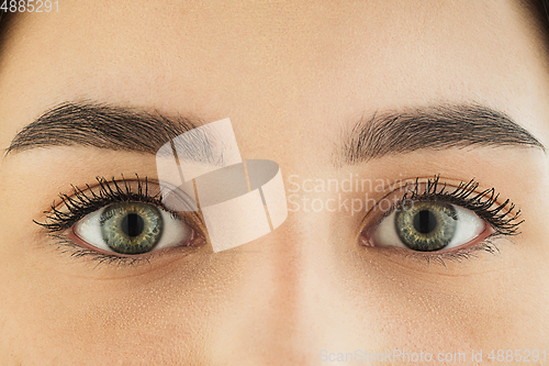 Image of Close up of face of beautiful caucasian young woman, focus on eyes. Human emotions, facial expression, cosmetology, body and skin care concept.