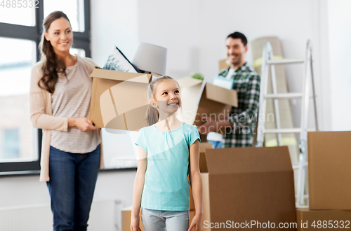 Image of happy family with child moving to new home