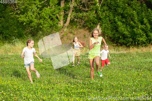 Image of Kids, children running on meadow in summer\'s sunlight