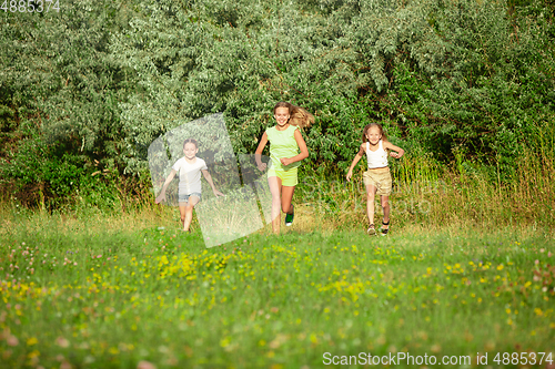 Image of Kids, children running on meadow in summer\'s sunlight