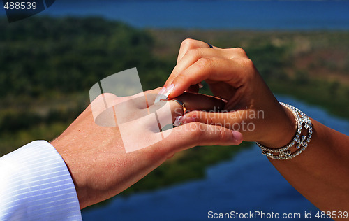 Image of Wedding rings exchange between groom and bride