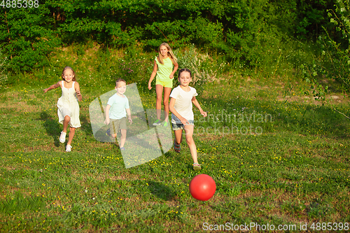 Image of Kids, children running on meadow in summer\'s sunlight