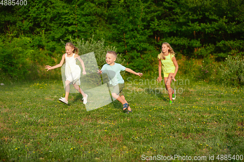 Image of Kids, children running on meadow in summer\'s sunlight