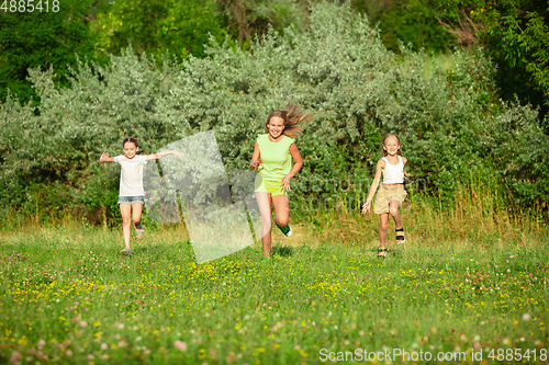 Image of Kids, children running on meadow in summer\'s sunlight