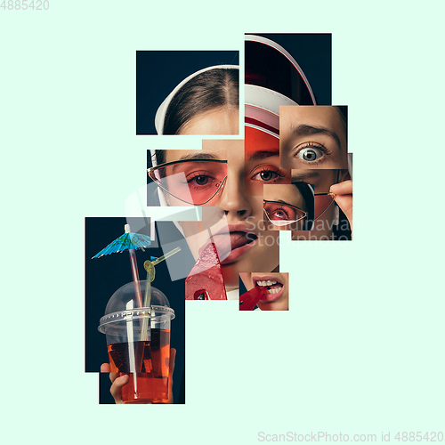 Image of Surreal portrait of woman made of different pieces of photos. Art collage.