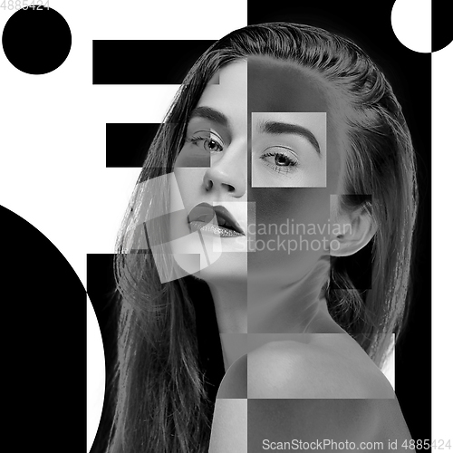 Image of Surreal portrait of woman made of different pieces of photos. Art collage.
