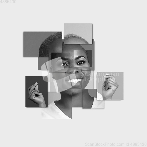Image of Surreal portrait of woman made of different pieces of photos. Art collage.