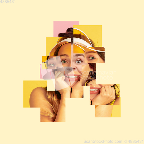 Image of Surreal portrait of woman made of different pieces of photos. Art collage.