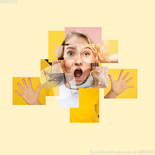 Image of Surreal portrait of woman made of different pieces of photos. Art collage.