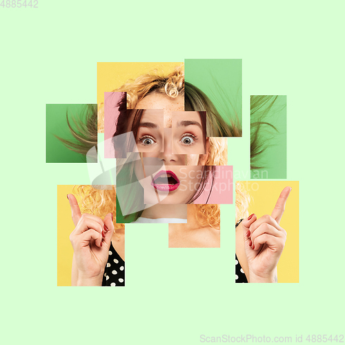 Image of Surreal portrait of woman made of different pieces of photos. Art collage.