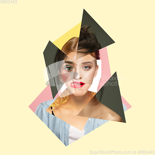 Image of Surreal portrait of woman made of different pieces of photos. Art collage.