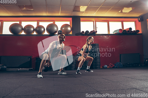 Image of Beautiful young sporty couple training, workout in gym together