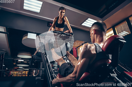 Image of Beautiful young sporty couple training, workout in gym together