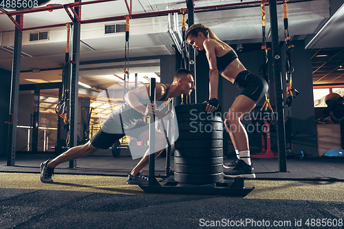 Image of Beautiful young sporty couple training, workout in gym together