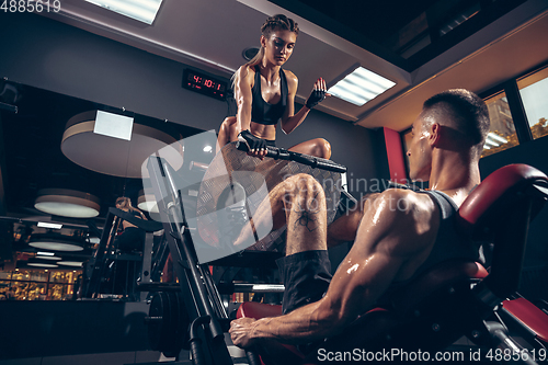 Image of Beautiful young sporty couple training, workout in gym together