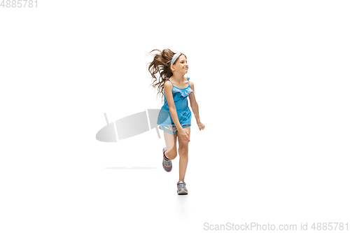 Image of Happy little caucasian girl jumping and running isolated on white background