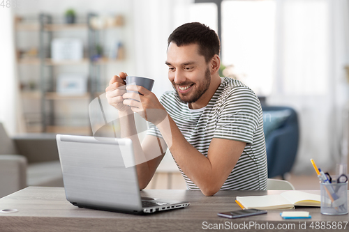 Image of man with laptop drinking coffee at home office