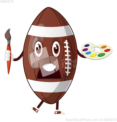 Image of Rugby ball is holding paint brush and color palette, illustratio