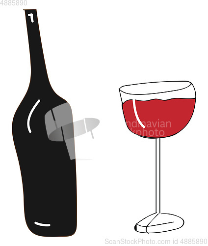 Image of Bottle of red wine with wine glass illustration color vector on 