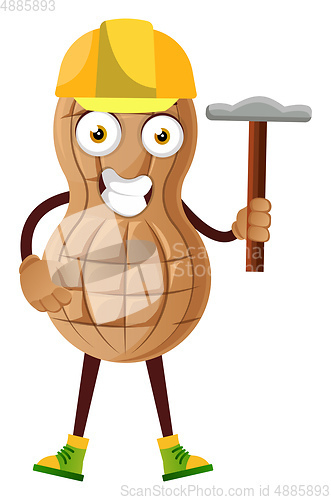 Image of Peanut working with hammer, illustration, vector on white backgr