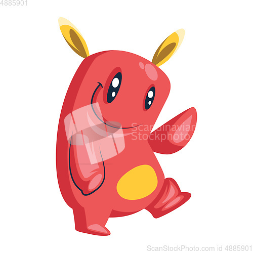 Image of Cute red cartoon monster smiling and waving white background vec