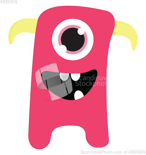 Image of Cute smiling pink one-eyed monster with yellow horns vector illu