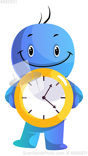 Image of Blue cartoon caracter holding yellow clock illustration vector o