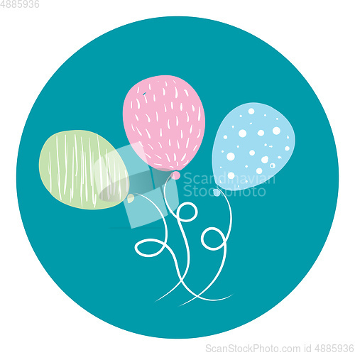 Image of Three decorated colorful balloons of different patterns tied to 