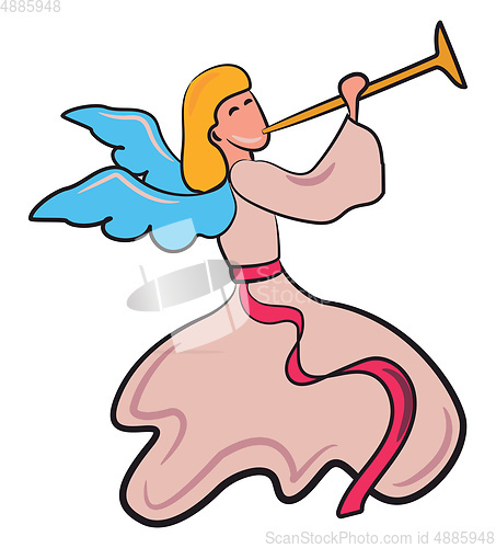 Image of Angle in pink dress blowing trumpet vector or color illustration