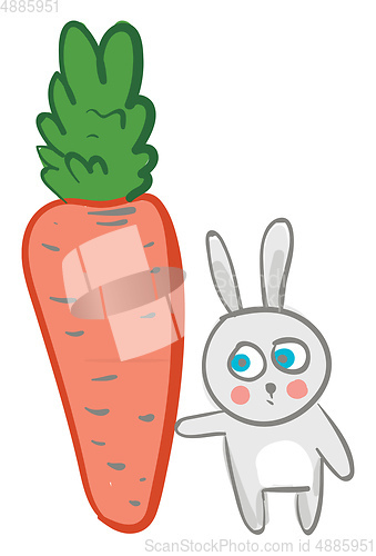 Image of A baby cartoon hare surprised to see the big carrot vector color