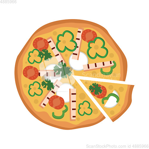 Image of Vector illustration of a pizza with one slice cut on a white bac
