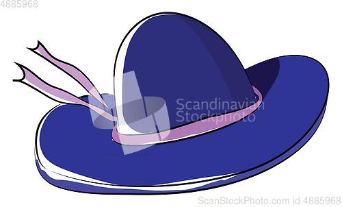 Image of A blue summer hat and a purple ribbon tied around the center par