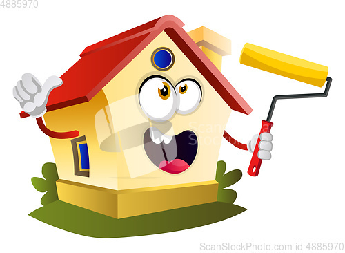 Image of House is holding paint roller, illustration, vector on white bac
