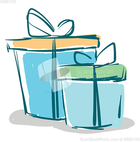 Image of Painting of two blue present boxes tied with blue ribbons and to