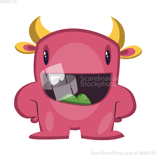 Image of Smiling cartoon monster pink with yellow horns white background 
