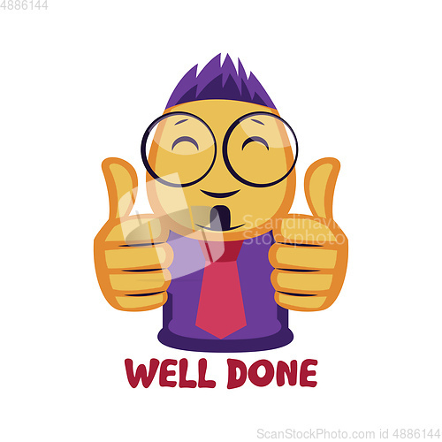 Image of Yellow guy showing two thumbs up saying Well done vector illustr
