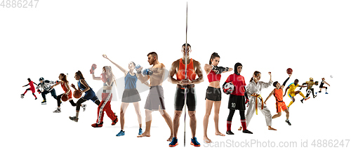 Image of Sport collage of professional athletes or players isolated on white background, flyer