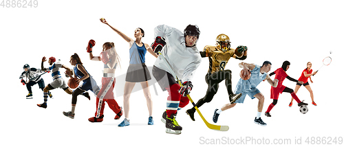 Image of Sport collage of professional athletes or players isolated on white background, flyer