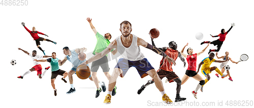 Image of Sport collage of professional athletes or players isolated on white background, flyer