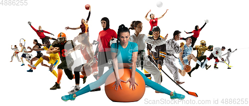 Image of Sport collage of professional athletes or players isolated on white background, flyer